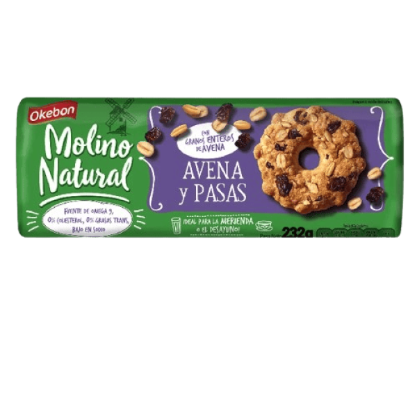 Molino Natural Galletitas Dulces Con Avena Y Pasas De Uva 232gr