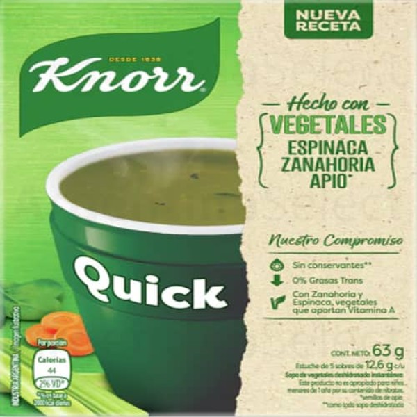 Knorr Quick Sopa Deshidratada Instantanea de Vegetales con Espinaca, Zanahoria y Apio 5 Sobres 63gr