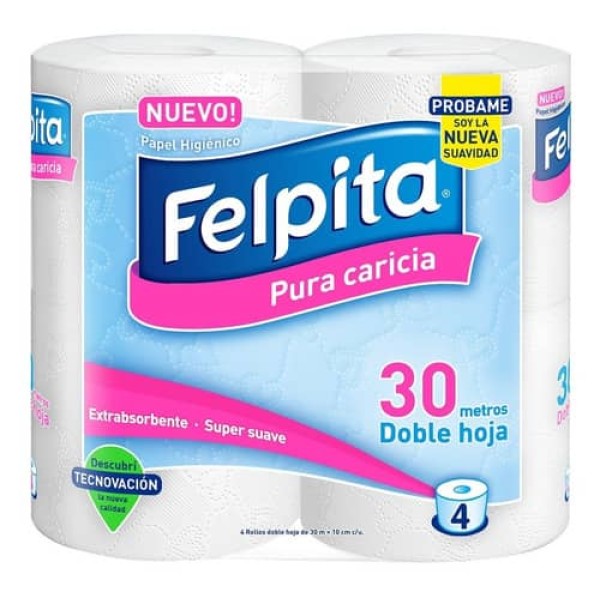 Felpita Papel Higienico Pura Caricia Extrabsorbente 4 Rollos Doble Hoja 30 m x 10cm
