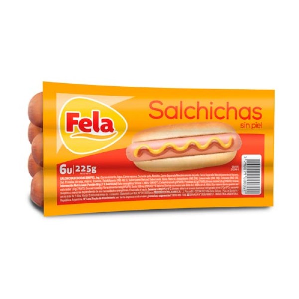 Fela Salchichas Cocidas Sin Piel 6 Unidades 225gr