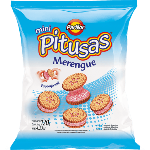 Mini Pitusas Galletitas Merengue Sabor Vainilla Relleno Sabor A Frutilla 120gr